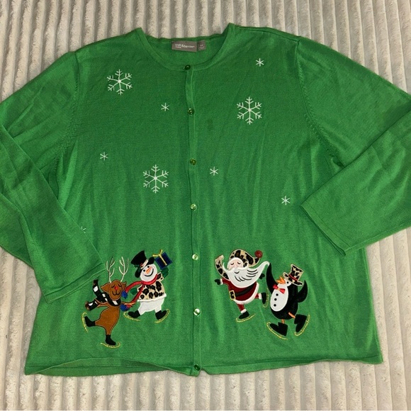 Green Holiday Sweater with Festive Characters Ugly Christmas Sweater - Picture 1 of 8